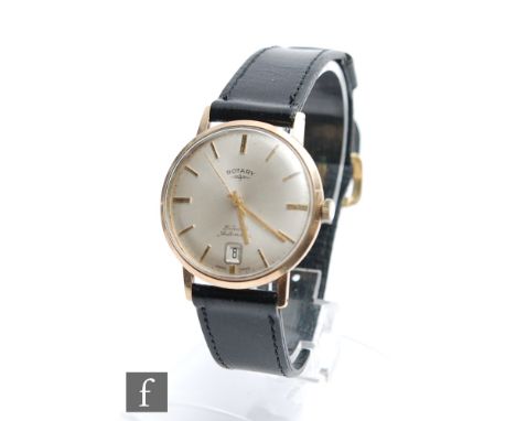 A gentleman's 9ct hallmarked Rotary automatic wrist watch, batons to a circular silvered dial with date facility, case diamet