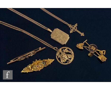 Three 9ct pendants to include a locket, an Aquarius and a cross, each suspended from a 9ct curb chain, with three 9ct brooche