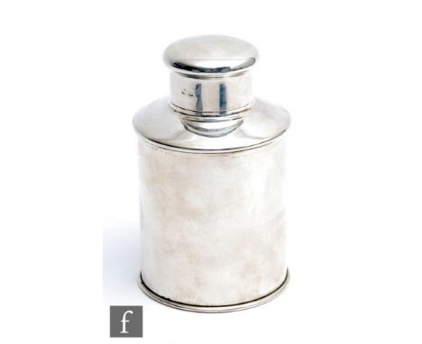 A hallmarked silver tea caddy of plain cylindrical form with plain pull off cover, weight 4.5oz, height 12.5cm, Birmingham 19