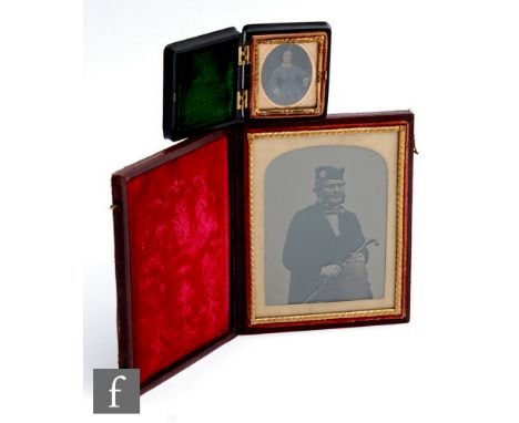 A 19th Century portrait&nbsp;daguerreotype photograph of a woman in a hinged moulded vulcanite frame, 5.5cm x 5cm when closed