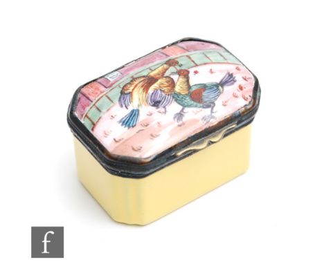 A late 18th Century Bilston type rectangular enamel patch or pill box decorated to the shaped cover with a hand painted cock 