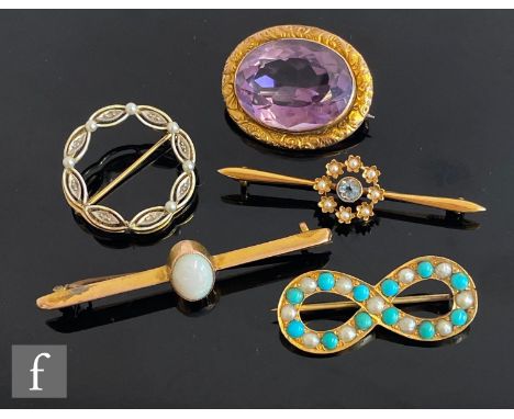 Five assorted bar brooches to include a 9ct single stone amethyst, two bar brooches, a seed pearl and turquoise figure of eig