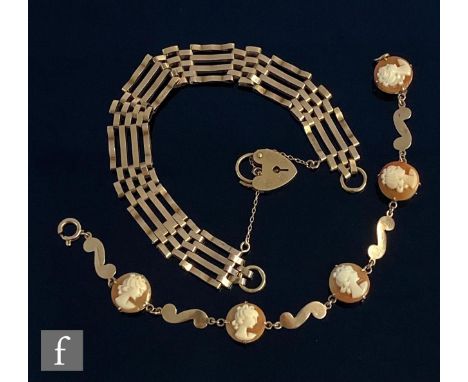 A 9ct hallmarked four bar gate bracelet terminating in padlock fastener, weight 10g, with a 9ct cameo mounted bracelet. (2) 