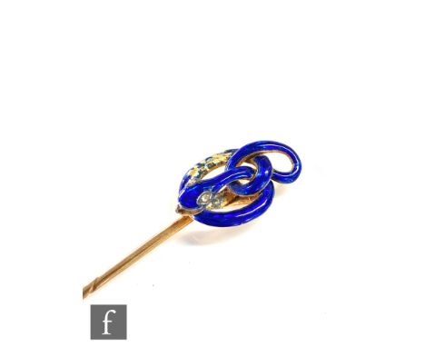 A 19th Century gold stick pin modelled as coiled snake with diamond set eyes decorated in blue enamel, length 9cm, cased, S/D