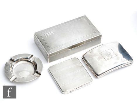 A hallmarked silver cigarette box with engine turned decoration, two cigarette cases and an ashtray, total weight of weighabl