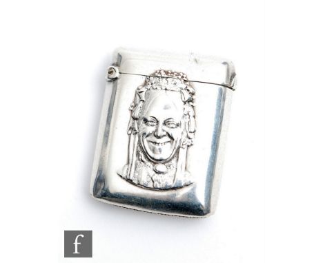A Victorian hallmarked silver rectangular vesta case with embossed portrait of Charley's Aunt to front and engraved From Char
