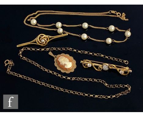 A 9ct hallmarked flat curb chain spaced by eight cultured pearls, length 49cm, weight 6g, with a 9ct belcher chain, cameo bro