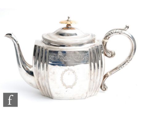 A George III hallmarked silver boat shaped teapot with part ribbed and foliate engraved decoration, weight 15oz, London 1801,