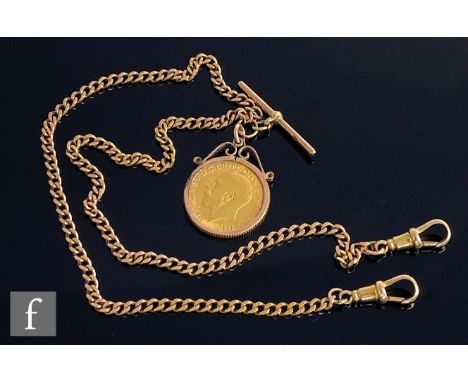 A George V full sovereign dated 1913, loose mounted to a pendant mount and suspended from a&nbsp; modern 9ct curb chain with 