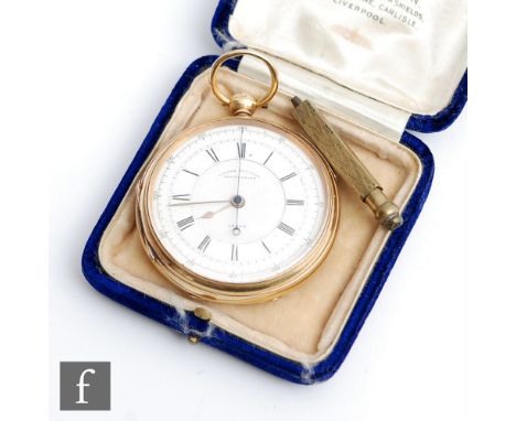 An 18ct hallmarked open faced chronograph pocket watch, Roman numerals to a white enamelled dial, case diameter 55cm, gold du