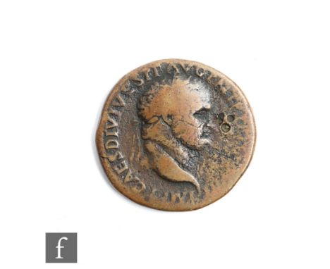 Roman - Vespasian Sestertius coin,&nbsp;AD 81, obverse IMP DOMITIAN CAES DIVI VESP F AVG P M TR P P P COS VII with head of la