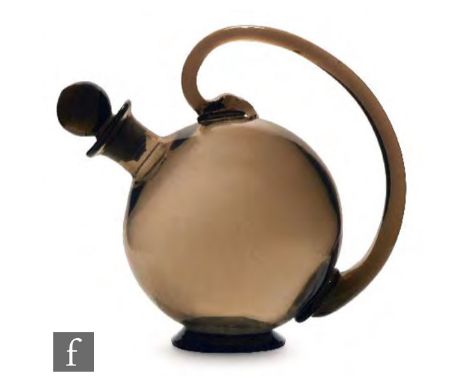 A 1930s Jacob Bang for Holemgaard decanter, of globular form with applied loop handle in the style of a teapot, all in a smok