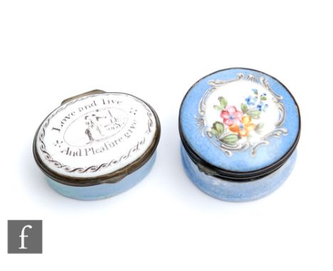 An early 19th Century Bilston type enamel patch box of oval form decorated to the slightly domed cover with 'Love and live An