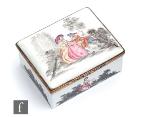 A late 18th or early 19th Century Bilston type enamel box of rectangular form decorated to the slightly domed cover with a la