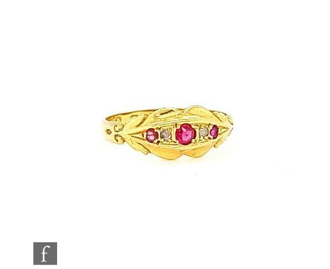 An early 20th Century 18ct hallmarked ruby and diamond five stone boat shaped ring, weight 2g, ring size O, Chester 1916. 