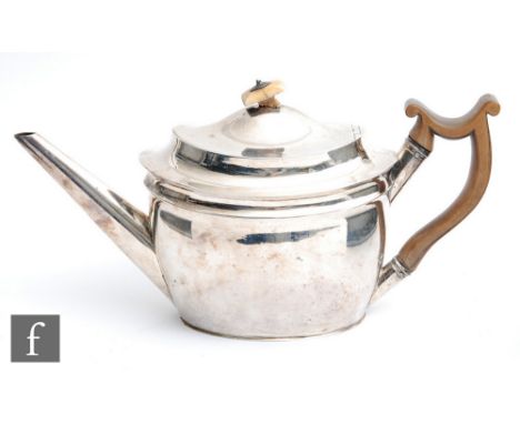 A George III hallmarked silver boat shaped teapot of plain form, weight 15.5oz, London 1799,&nbsp;Lewis Pantin III, S/D. 