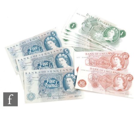Elizabeth II - Series C portrait issue banknotes, three five pound notes, seven one pound notes and two ten shilling notes. (