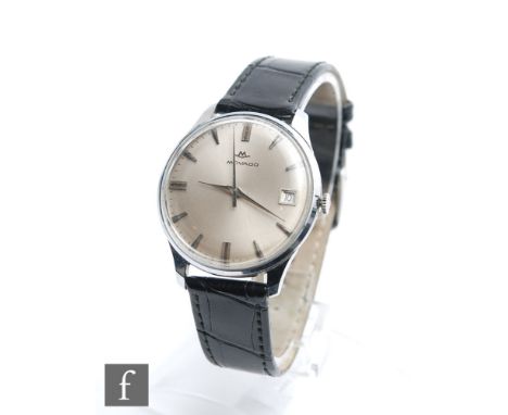 A mid 20th Century gentleman's stainless steel Movado manual wrist watch, batons and date facility to a circular silvered dia