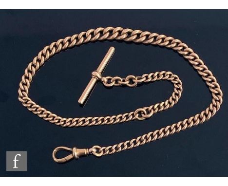 An early 20th Century 9ct rose gold graduated single Albert chain with T bar and end swivel, weight 34g, length 37cm. 