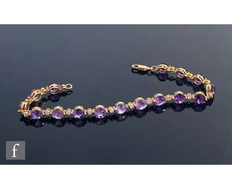 A 9ct amethyst and white stone bracelet, comprising sixteen circular amethysts spaced by white stones, length 19cm, weight 8g