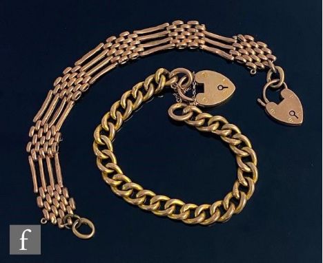 A 9ct rose gold four bar gate bracelet with a 9ct open curb link bracelet, total weight 27.5g, each terminating in padlock fa