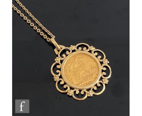 A George V full sovereign dated 1911, loose mounted to a 9ct pendant mount and suspended from a 9ct chain, total weight 15.5g
