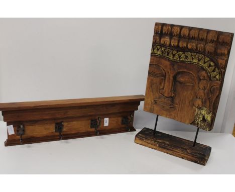 A wooden coat rack &amp; carved wooden sculpture 