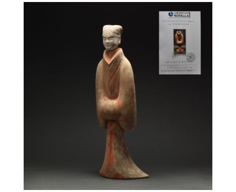 Ca. 206 BC–220 AD Chinese Han Dynasty, terracotta court figure. This large female figure is presented wearing the traditional