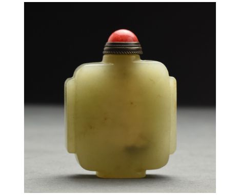 A squared Celadon-white jade snuff bottle, China, Qing Dynasty, 19th century Size: H:50.9mm / W:36.9mm ; 55.97g; Provenance: 