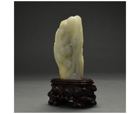 A white jade mountain with carving of Shoulao, China, early 20th century Size: H:200mm / W:110mm ; 725g; Provenance: From UK 