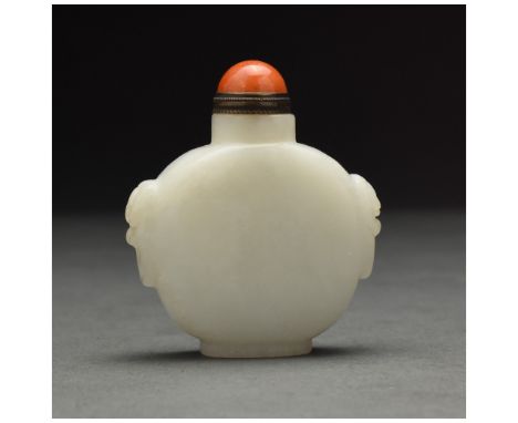 A white jade snuff bottle with mask handles, China, Qing Dynasty, 19th century Size: H:55.1mm / W:47.5mm ; 80.28g; Provenance