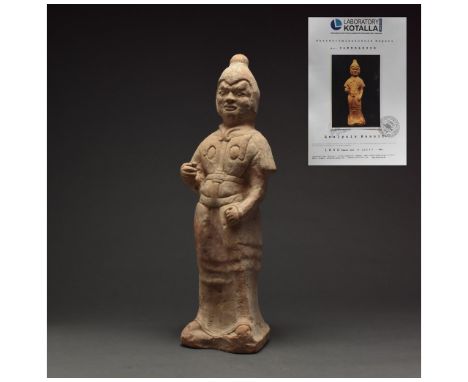 Ca. 206 BC–220 AD Chinese Han Dynasty, terracotta warrior figure. Interesting ceramic figurine of a standing warrior with arm