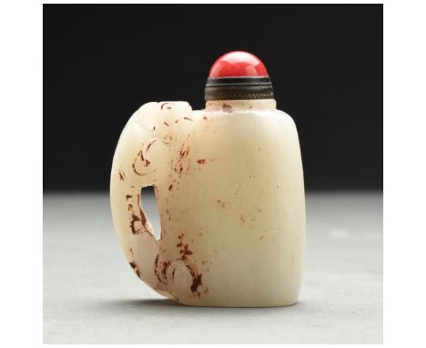 A white jade snuff bottle with chilong on the side, China, Qing Dynasty Size: H:54.1mm / W:40.6mm ; 82.92g; Provenance: From 