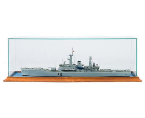 A waterline scale model of the Leander-class frigate HMS Achillies (F12):, with radar array and aerials, detailed decks with 