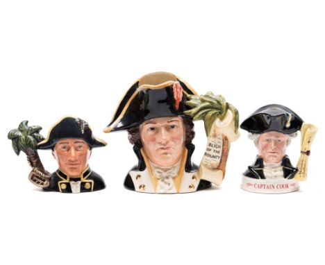 A Royal Doulton character jug 'Captain Bligh' D6967:, together with 'Fletcher Christian' D 7075 and a Captain Cook Jim Beam c
