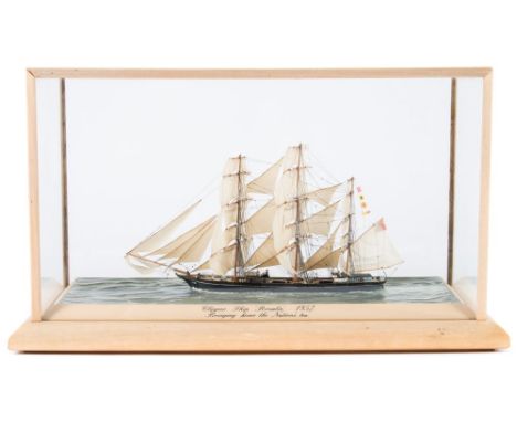 A waterline miniature scale model of the clipper 'Rosalie' by D A Brogden:, fully rigged and set full sail over detailed deck