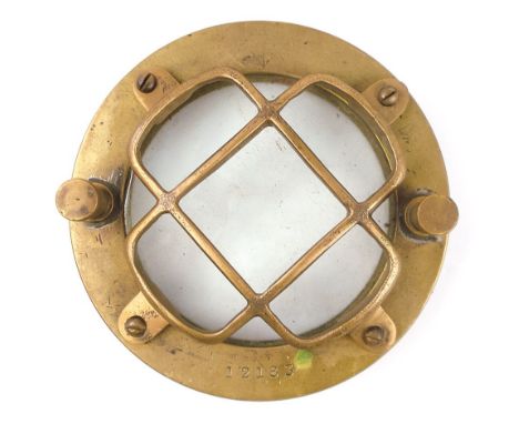 An American diving helmet faceplate:, either by Morse or Schrader, numbered 12183, 15cm diameter.