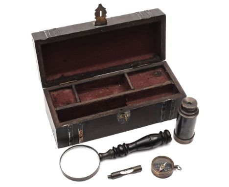 A 20th century nautical themed map reading set:, the oak box with plated banding and brass anchor decoration enclosing a fitt