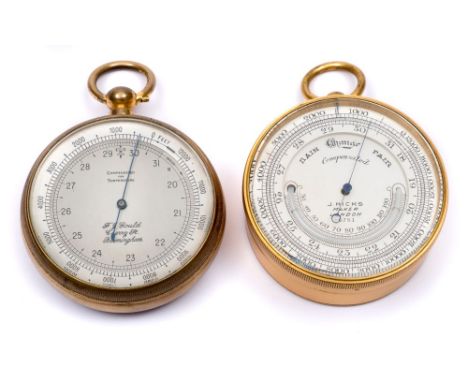 A gilt compensated pocket barometer by J Hicks, London:, the silvered dial with thermometer, signed as per title and numbered