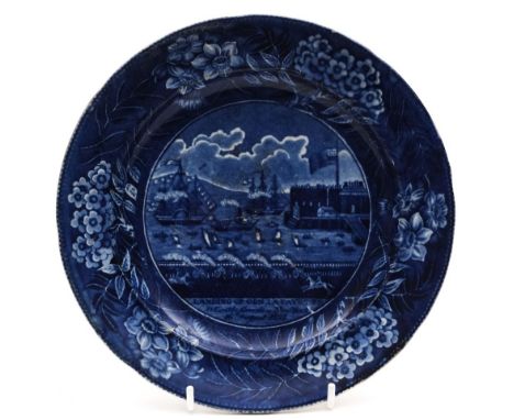 A James & Ralph Clews 'Landing of Gen La Fayette' pottery plate: transfer printed in blue with the steamship 'Chancellor Livi
