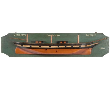 A pine half block model of the Barque 'Vendetta':, with masts and spas over cabins on a black hull with white gunwales and va