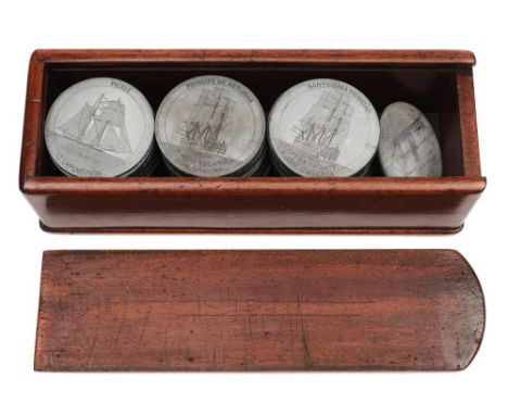 'The Ships at the Battle of Trafalgar' - a set of seventy two pewter plaques with individual ship portraits in a mahogany cas
