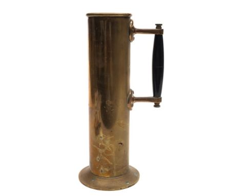 A ship's engine room brass jug:, of plain cylindrical form with ebonised handle and flared foot, 31cm high.* Notes   These ju