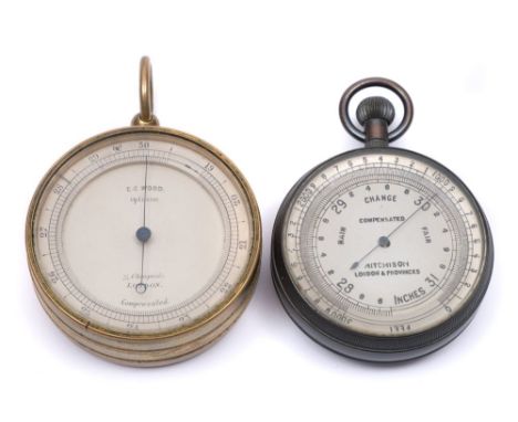 A gilt compensated pocket barometer by Wood, London, in fitted case , together with a gunmetal pocket barometer by Aitchison,