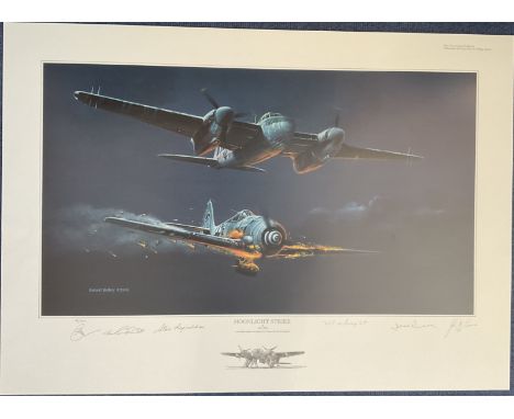 Moonlight Strike Colour Print by Robert Bailey Signed by 6. Limited Edition 99/300. Signatures include Flight Lieutenant Dall