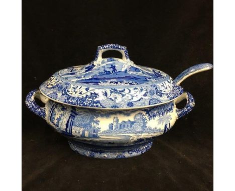 A pearlware English pottery Italian pattern soup tureen, cover and ladle, probably Spode, 38cm wide (3)