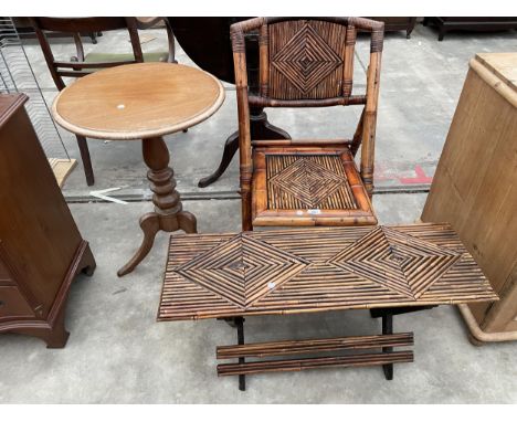 A FOLDING BAMBOO TABLE AND CHAIR COMPLETE WITH TRIPOD WINE TABLE 