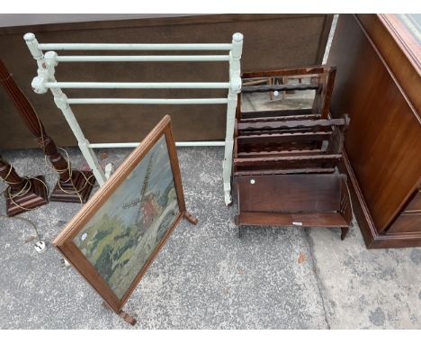 A BEECH BOOK TROUGH, SPANISH STYLE MAGAZINE RACK, MAHOGANY FRAMED MIRROR, PAINTED FIVE BAR TOWEL RAIL AND FIRESCREEN 