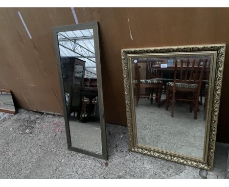A MODERN MORRIS MIRRORS GILT FRAMED BEVEL EDGE WALL MIRROR, 34 X 24" AND A FLAT BLUE FRAMED MIRROR, 43 X 17" 