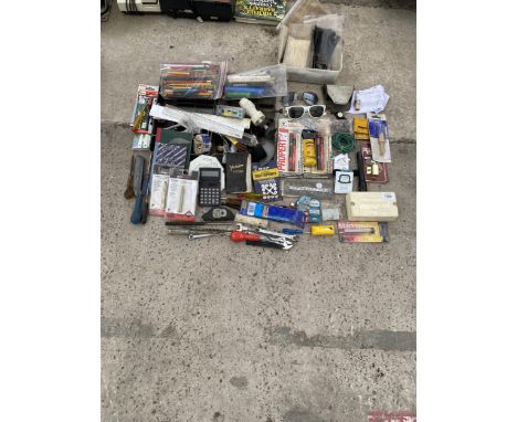 AN ASSORTMENT OF ITEMS TO INCLUDE SUN GLASSES, STATIONARY AND TOOLS ETC 